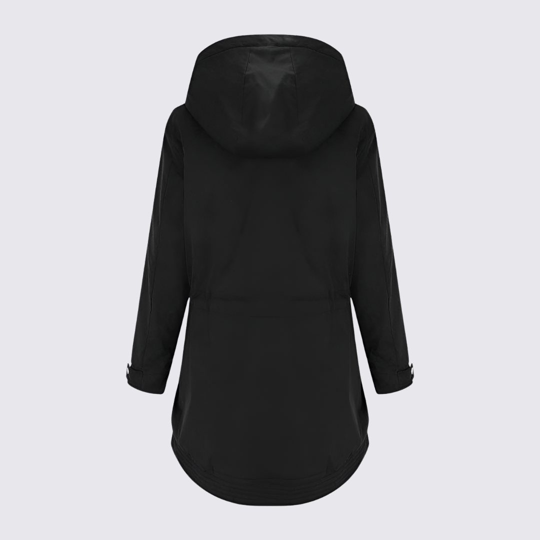 Back view of a black hooded longline parka with drawstring waist on a plain background
