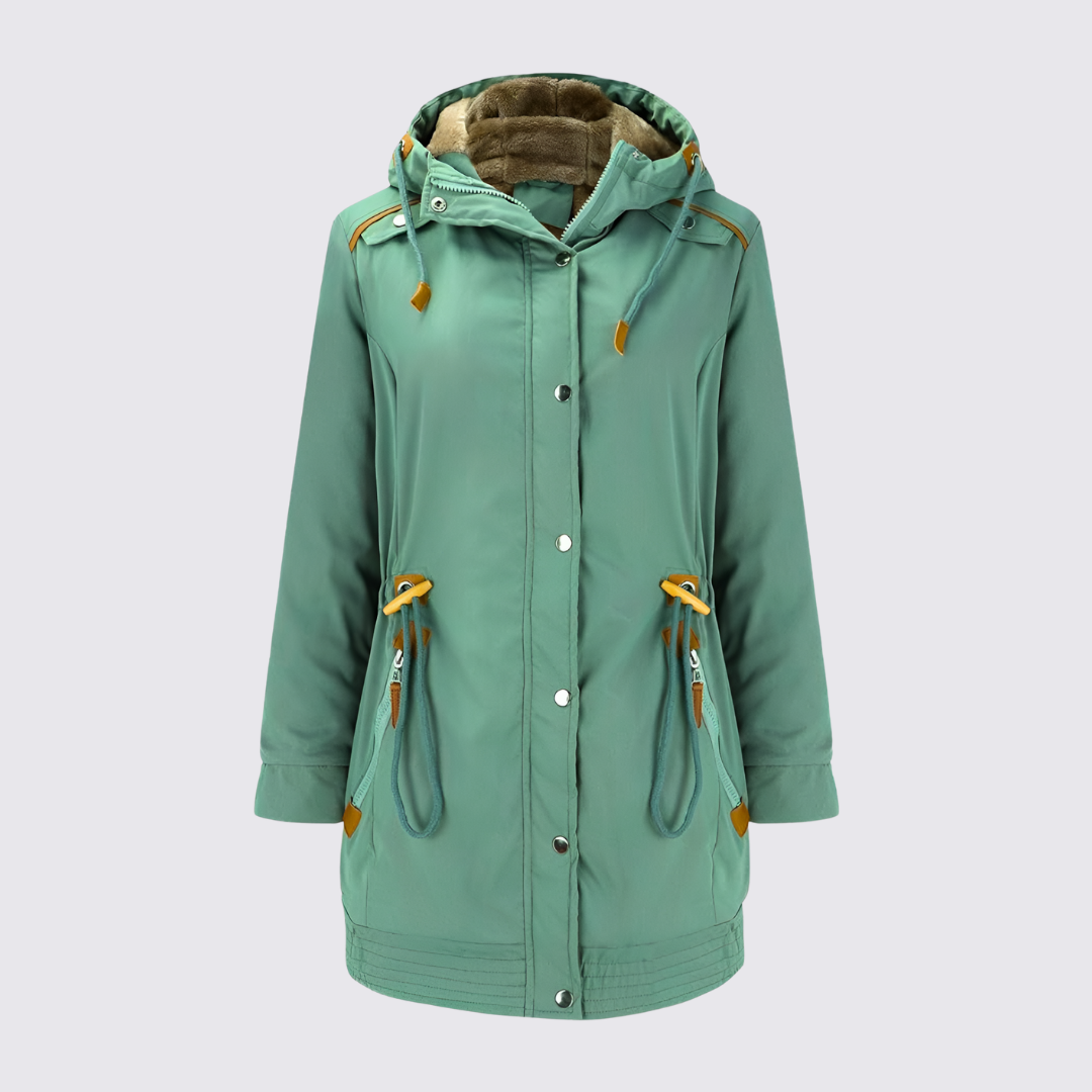 Sage green hooded parka with faux fur lined hood, drawstring waist and snap front