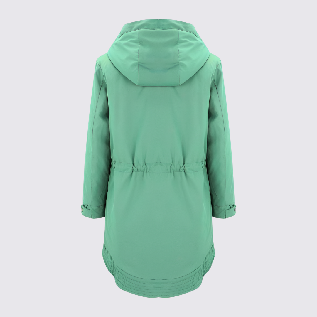 Back view of the mint green hooded parka with a drawstring waist and curved hem