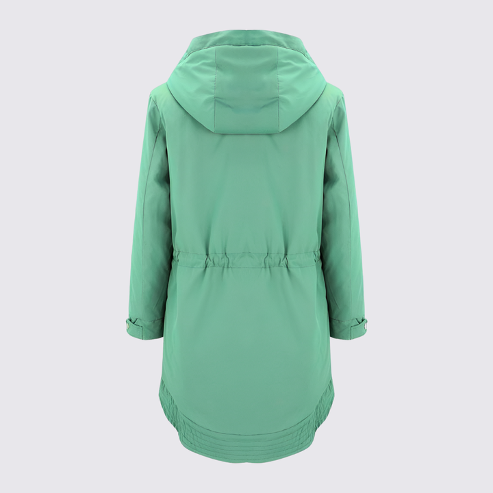 Back view of the mint green hooded parka with a drawstring waist and curved hem