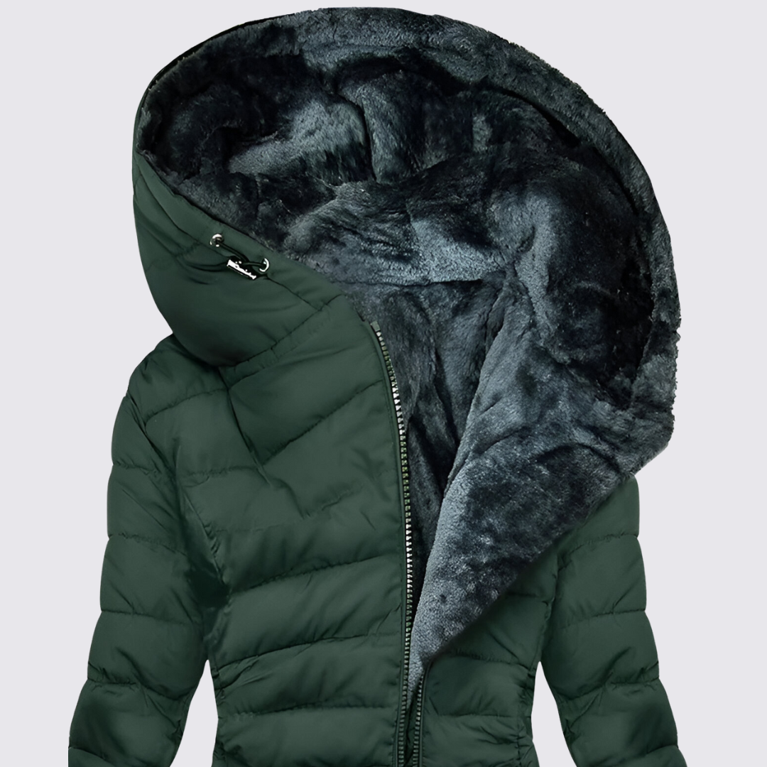 Close up of a dark green quilted jacket with a grey faux fur lined hood
