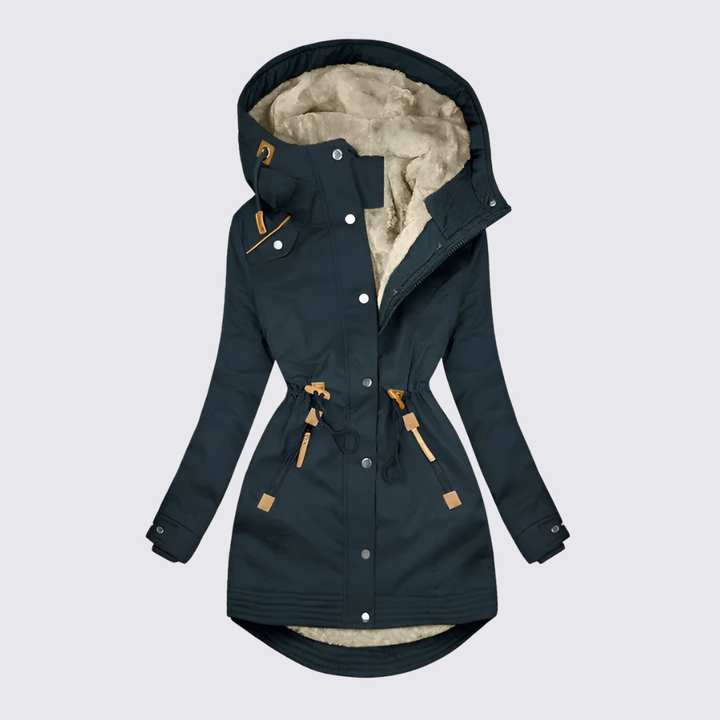 Dark teal hooded parka with cream sherpa lining and drawstring waist, flat front view