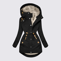 Black hooded parka with cream sherpa lining and drawstring waist