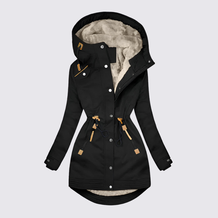 Black hooded parka with cream sherpa lining and drawstring waist