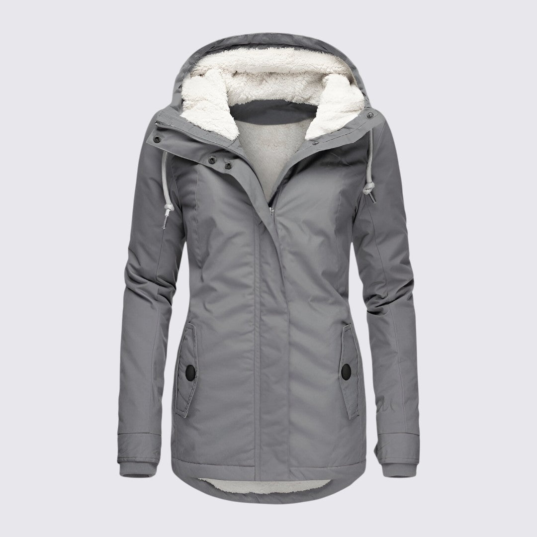 Grey hooded parka with a cream sherpa lining, snap flap pockets and drawstring hood, front view