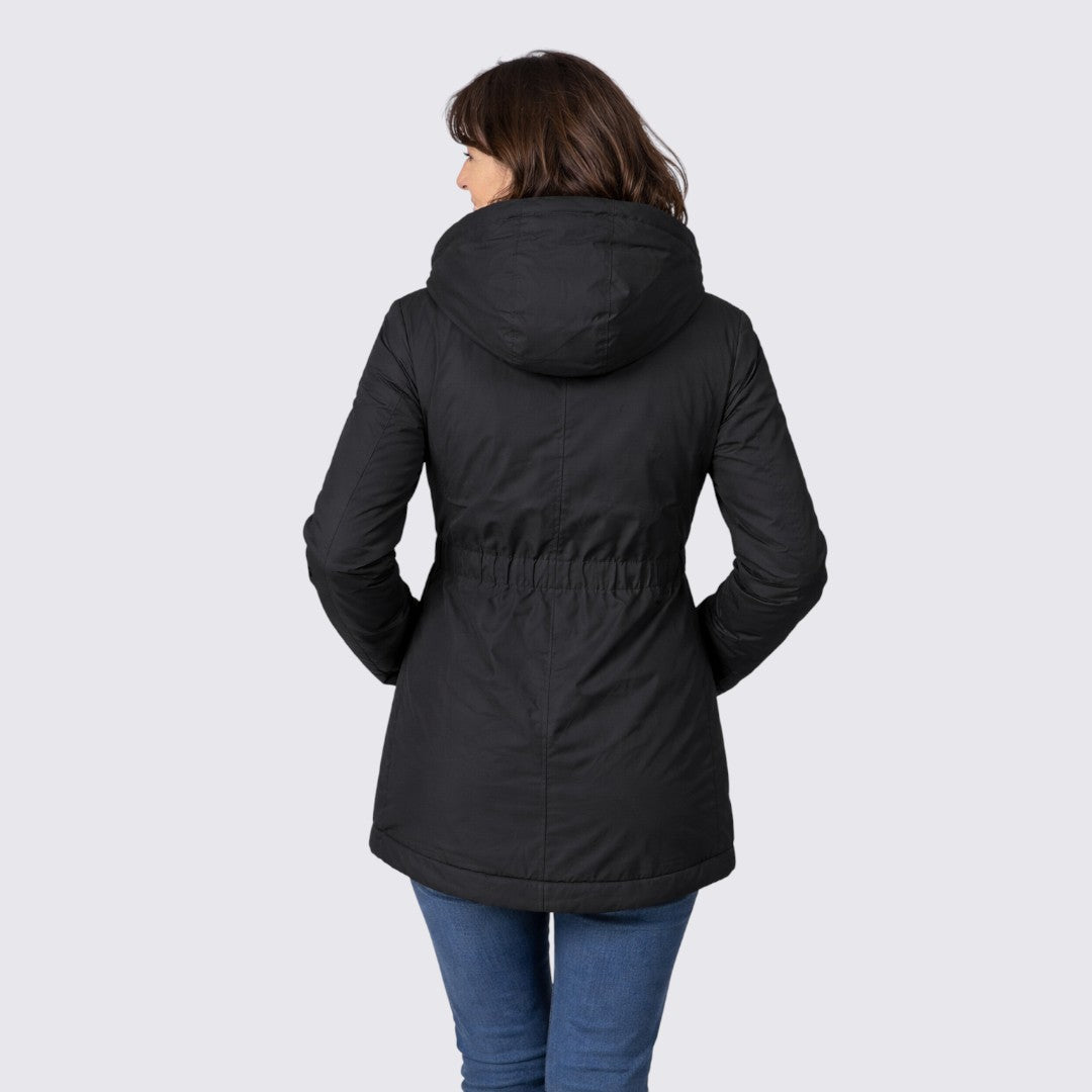 Black hooded parka seen from the back, with a drawstring waist and fitted shape