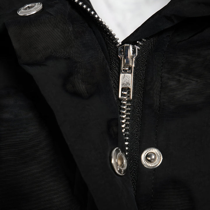 Close up of the zip and snap button placket on a black hooded parka