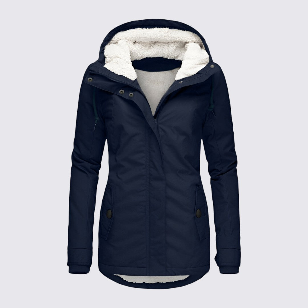Navy hooded parka shown from the front with a cream fleece lined hood and collar