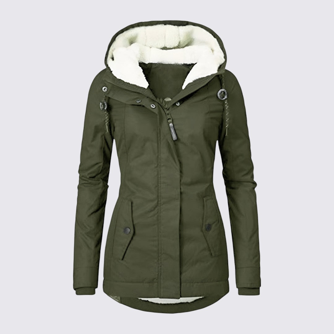 Olive green hooded parka with cream sherpa lining and snap flap pockets, front view