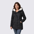 Black hooded parka with cream sherpa lining, worn open over jeans, front view