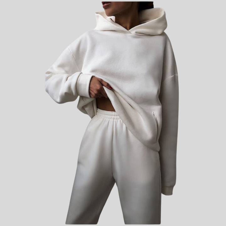 Cream hooded top and jogger set in brushed fleece, front view