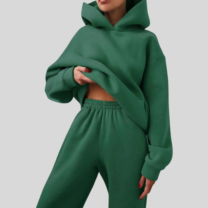 Green hooded top and jogger set in brushed fleece, front view