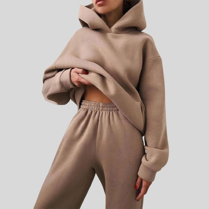Taupe hooded top and jogger set in soft fleece, front view