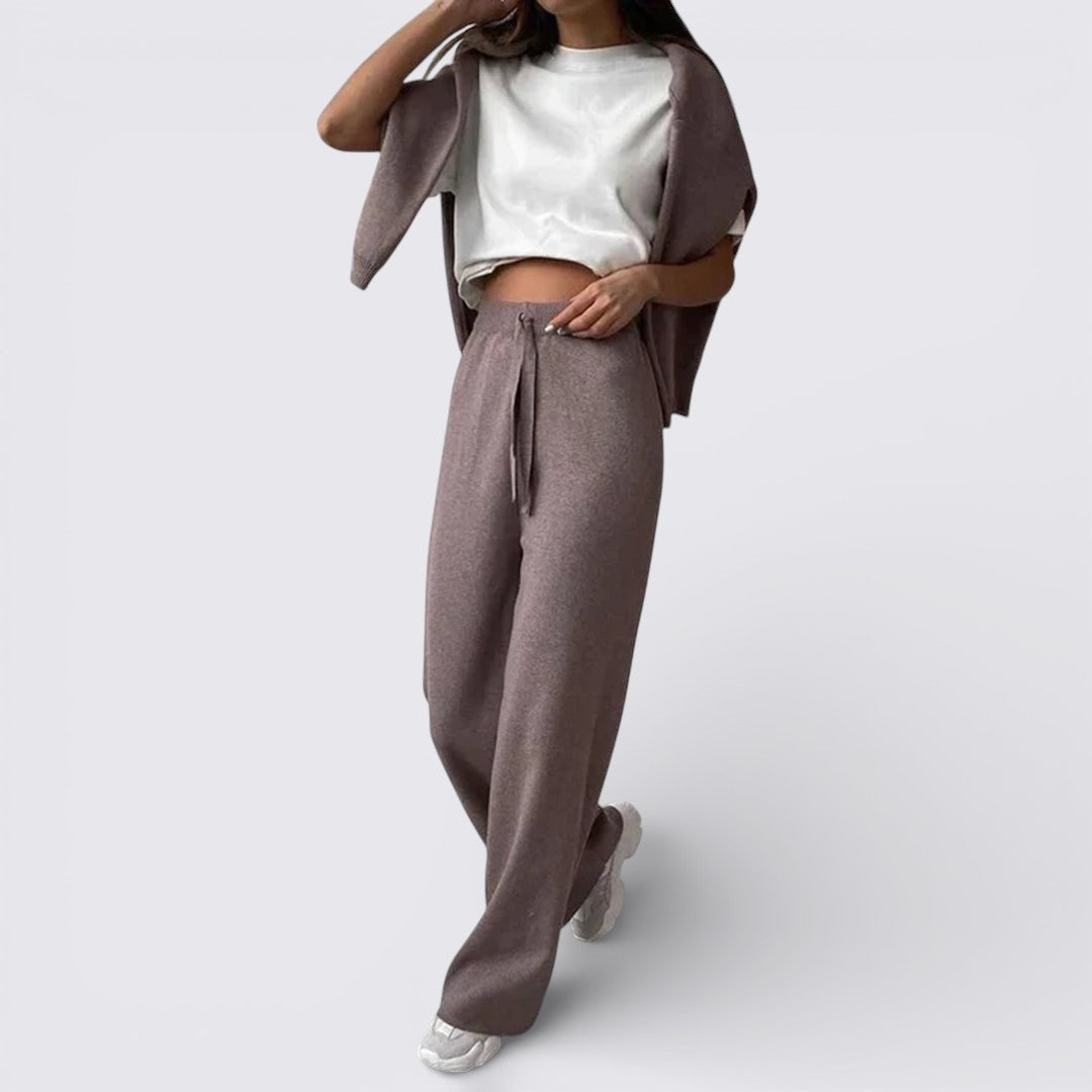 Taupe knit two piece set with wide leg pants and matching cardigan, full length