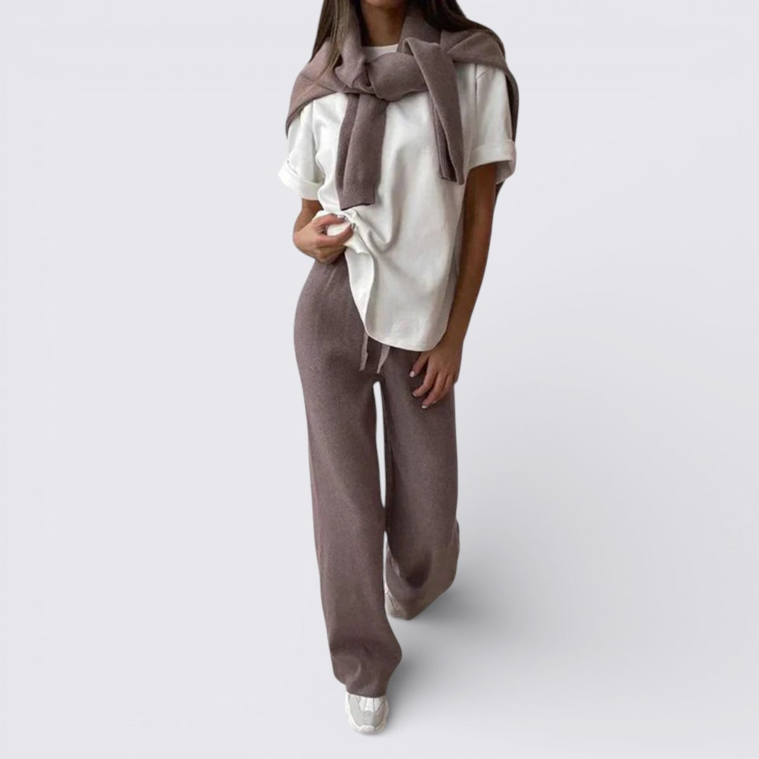 Mocha knit wide leg trousers from the two piece set, knit top tied on top