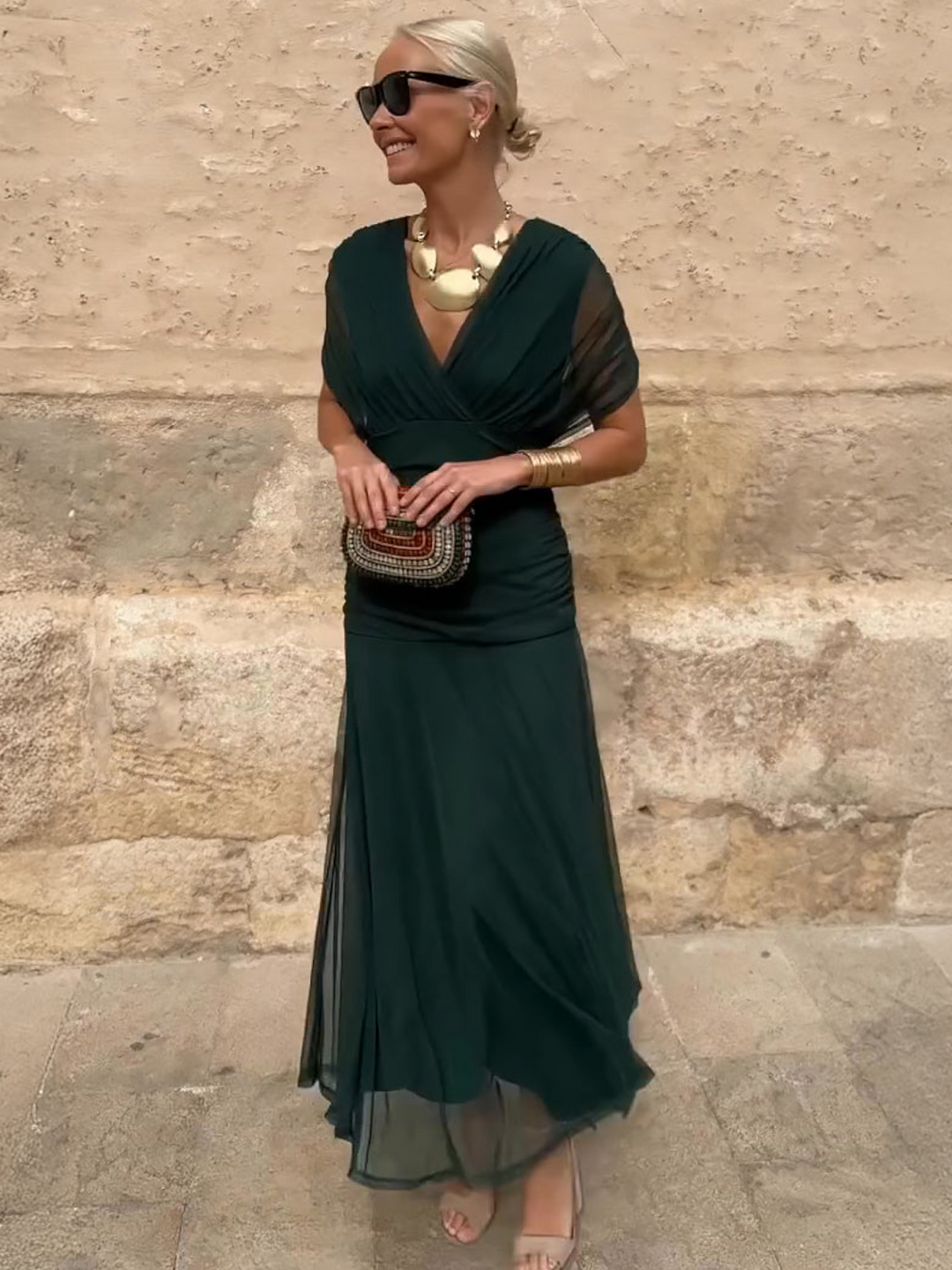 Draped Maxi Dress for Women, Long Flowy Wedding Guest Dress, Elegant Solid  Color Sundress – Valenira