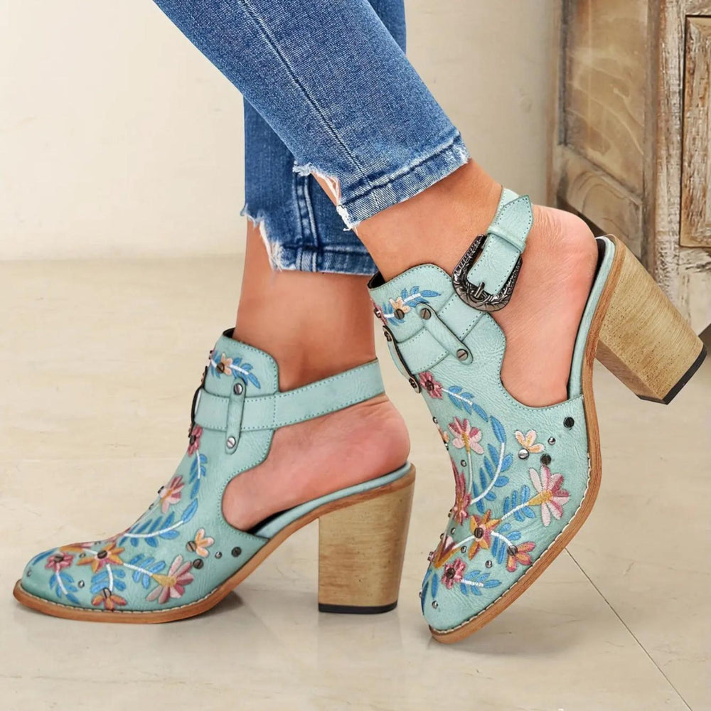 Floral Buckle Heeled Sandals-Valenira