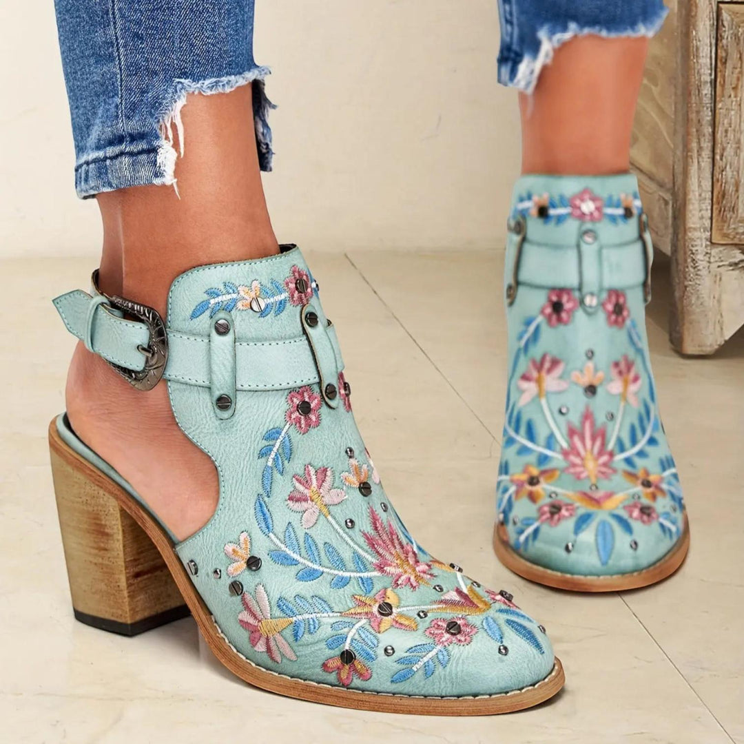 Floral Buckle Heeled Sandals-Valenira