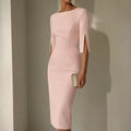 Blush pink pencil midi dress with pearl trimmed split sleeves and a boat neckline