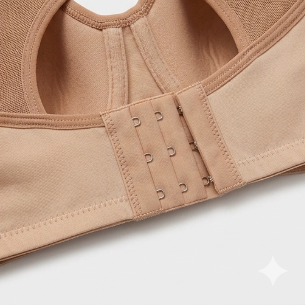 Close-up of the hook and eye closure below the back keyhole