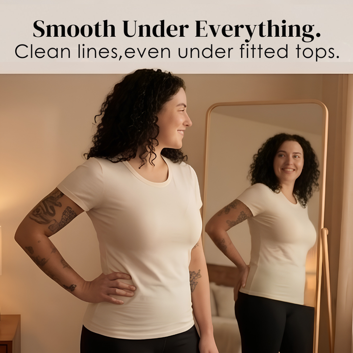 Feature panel at a mirror in a cream tee, front and back
