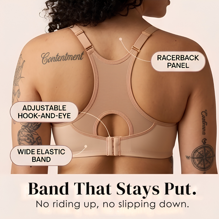 Feature panel with callouts on the racerback and elastic band