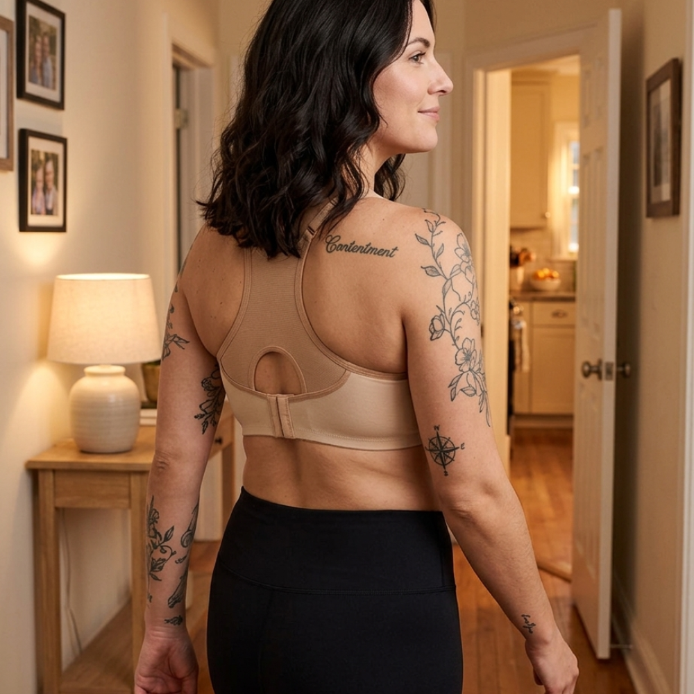 Back view of the nude bra worn with black leggings at home