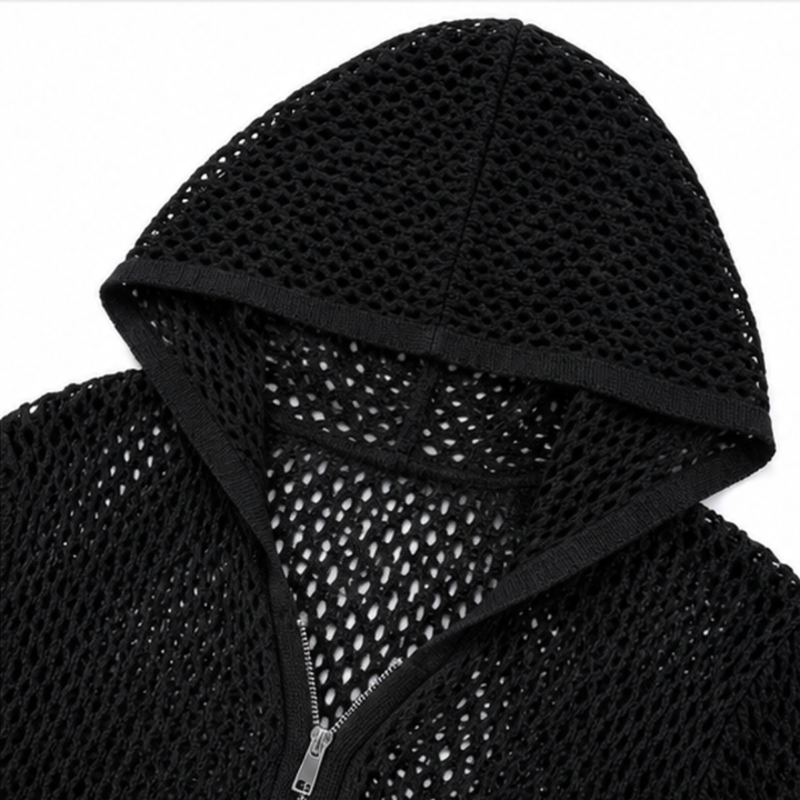Close up of the hood and silver zipper on a black open knit cardigan