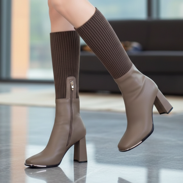 Stretch Knit Block Heel Knee High Boots