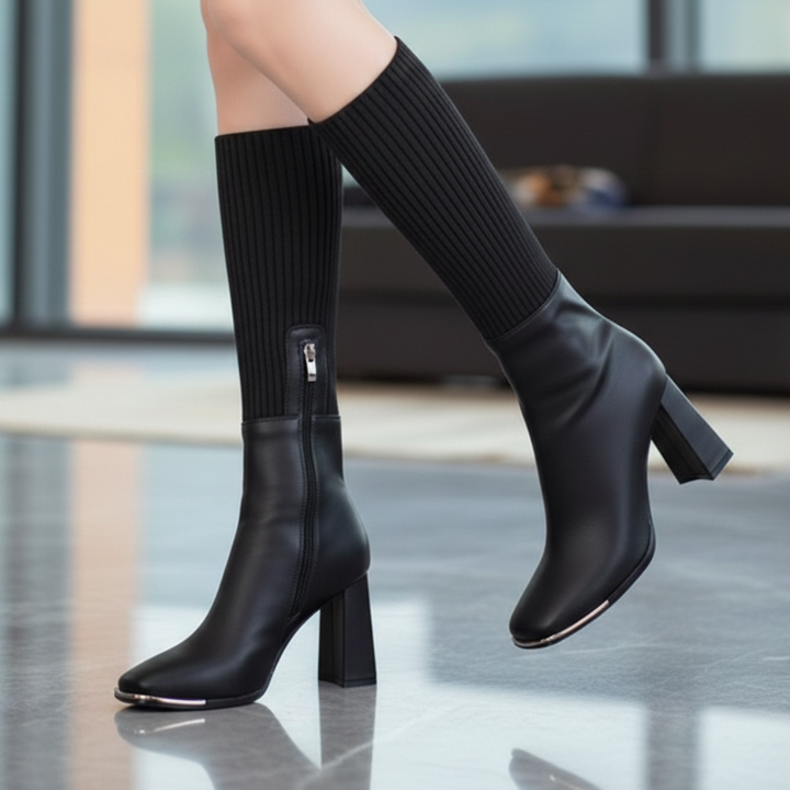 Stretch Knit Block Heel Knee High Boots
