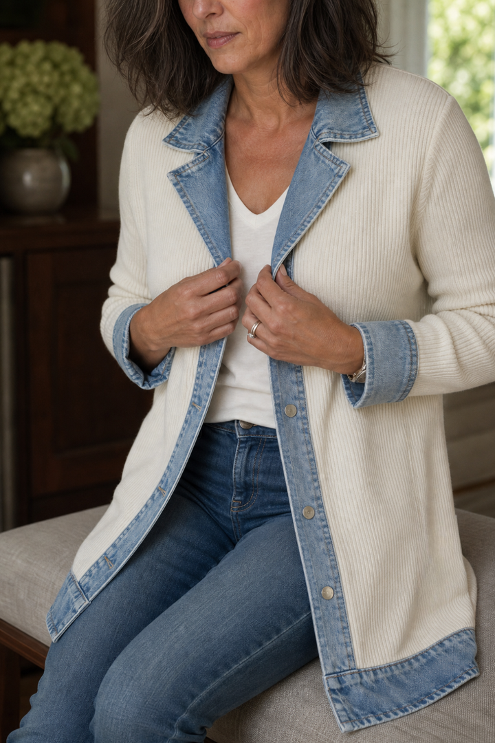 Woman seated in a cream denim trim button front knit coat