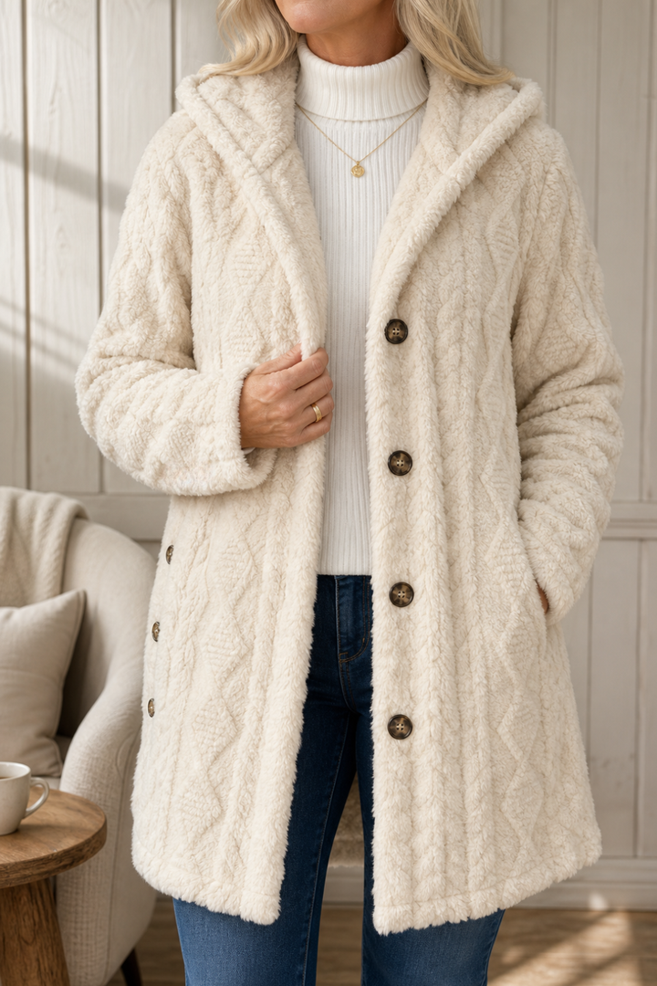 Cream cable texture fleece hooded coat with side pockets