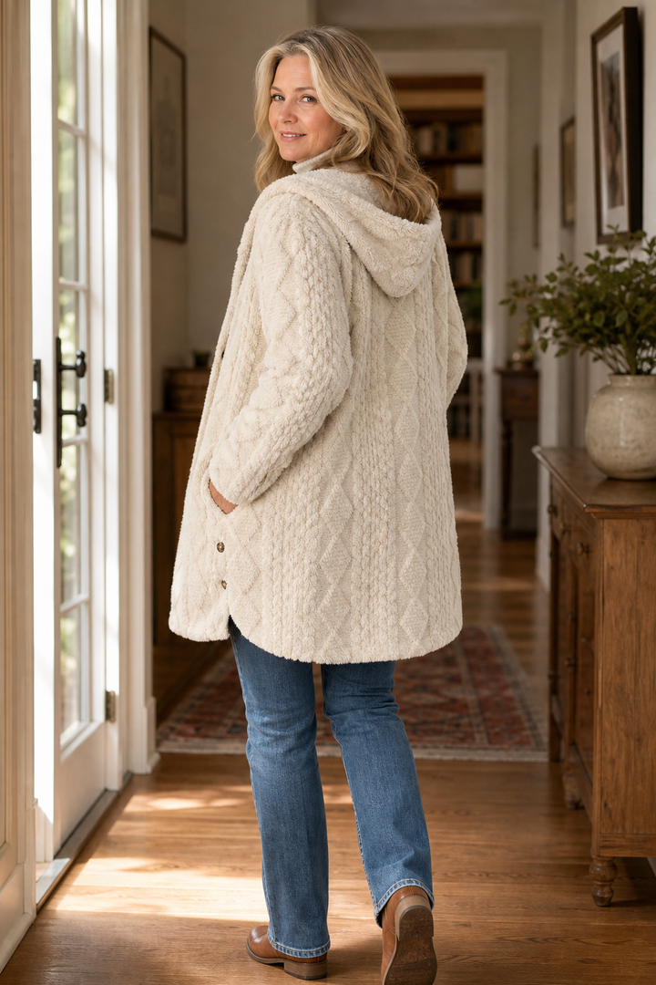 Back view of a cream cable fleece hooded coat with the hood down