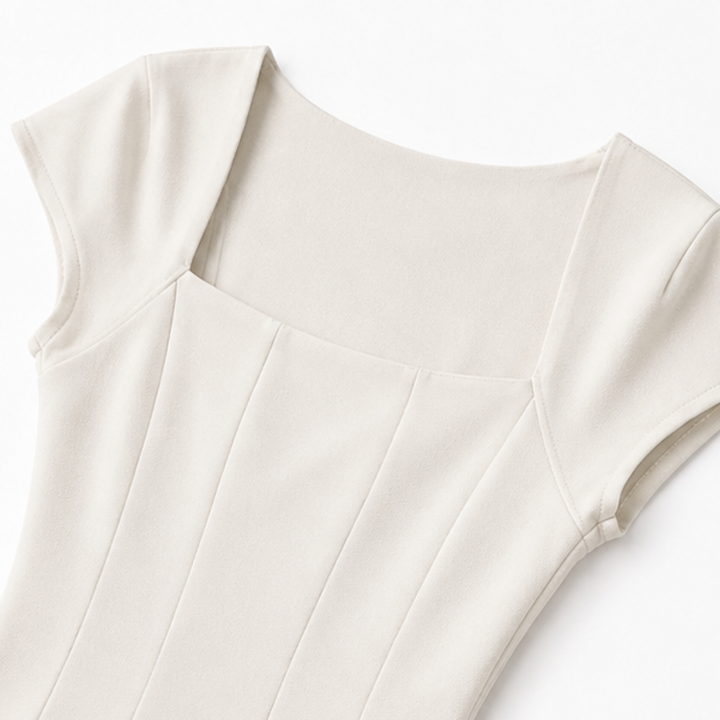 Close-up of the square neckline, cap sleeve and panel seams on an ivory midi dress