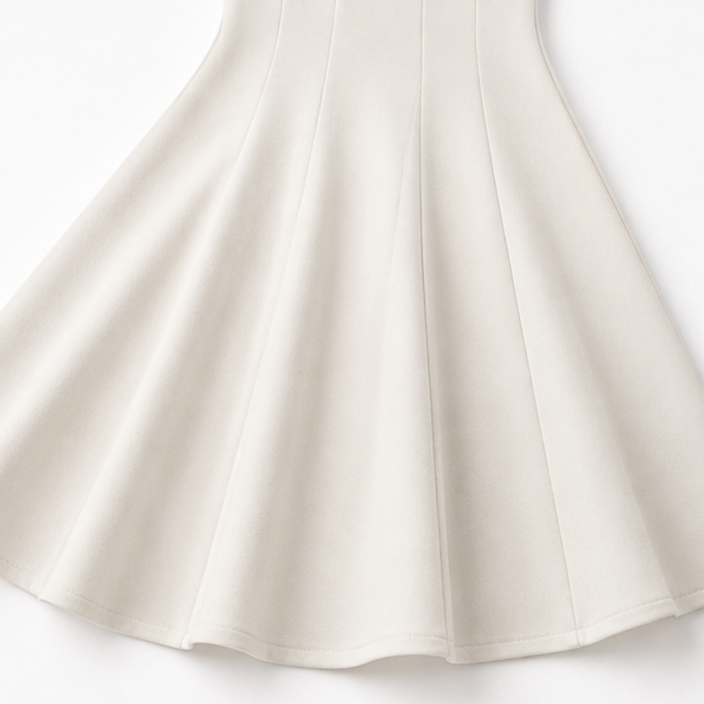 Close up of the ivory midi dress skirt showing its panelled flared hem