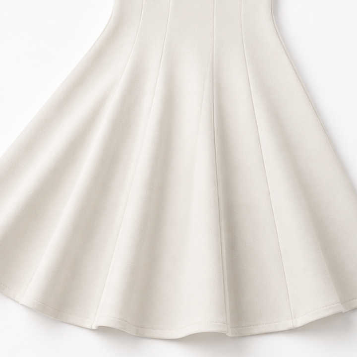 Close up of the ivory midi dress skirt showing its panelled flared hem