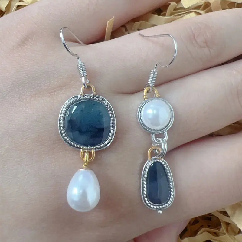 Vintage Blue Gem & Pearl Earrings-Valenira