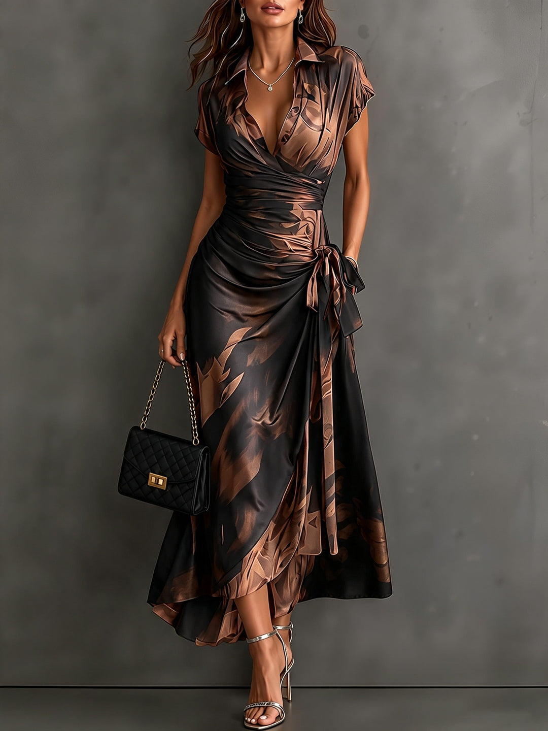 Brown abstract print wrap dress with a shirt collar and side tie