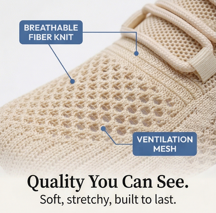 Close-up of the beige sneaker upper showing the breathable ventilation mesh