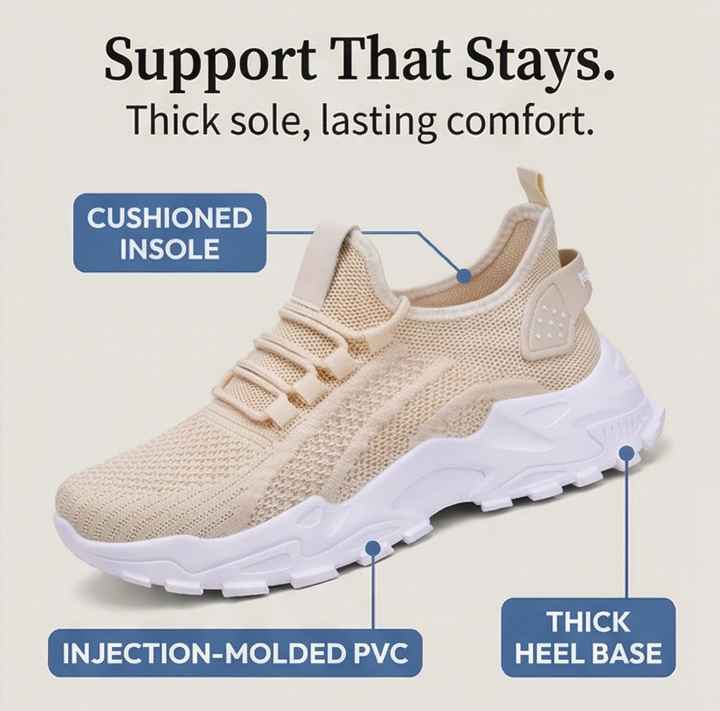Beige knit sneaker from the side with labels for the cushioned insole and thick heel base