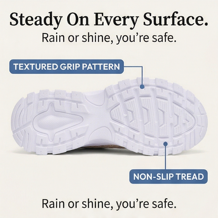 Underside of the sneaker showing the white non-slip tread and textured grip pattern