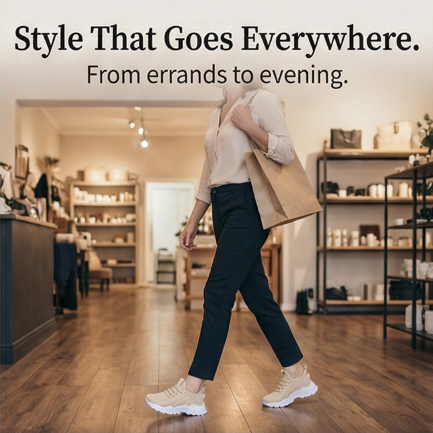 Woman walking through a shop in beige knit sneakers and black trousers