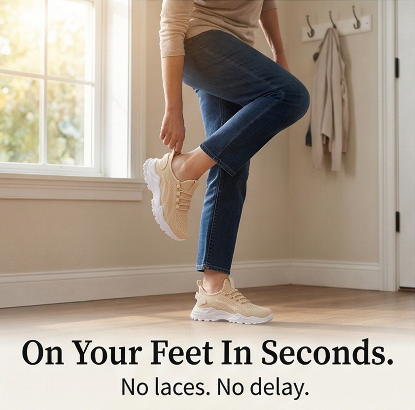 Woman slipping on a beige knit sneaker in a hallway
