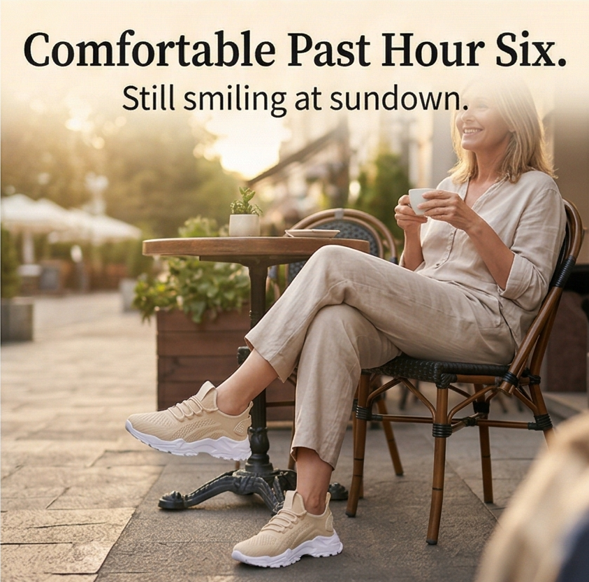 Woman seated at a cafe table in beige knit sneakers, with a headline about all day comfort