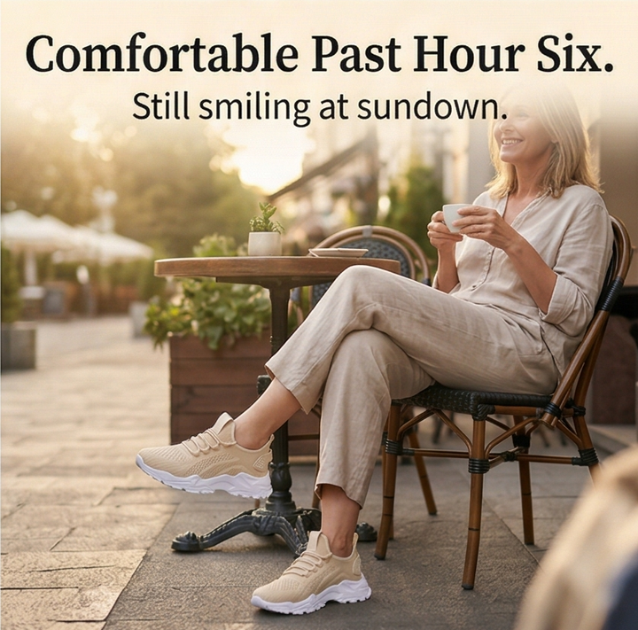 Woman seated at a cafe table in beige knit sneakers, with a headline about all day comfort