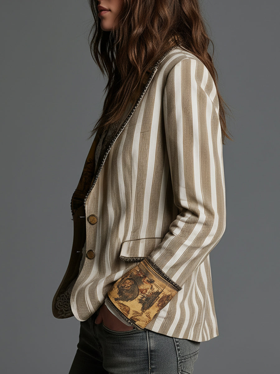 Khaki striped blazer, side view with a flap pocket and printed cuff
