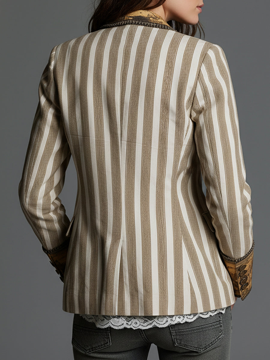 Back view of the khaki striped blazer