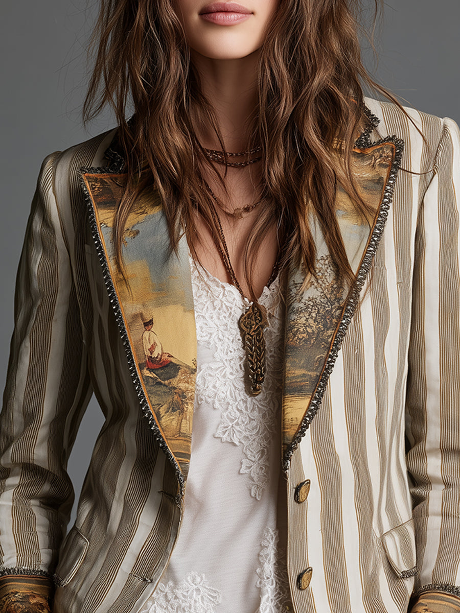Close-up of the printed lapels on the khaki striped blazer