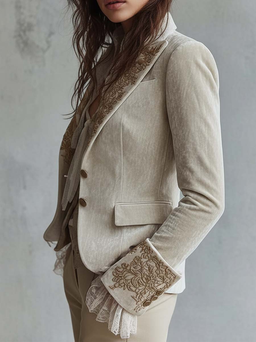 Ivory embroidered lapel blazer, side view with a flap pocket