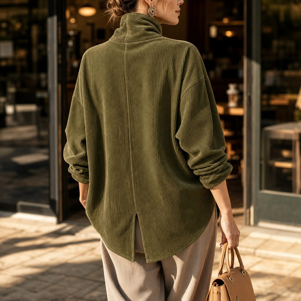 Back view of the olive green corduroy top with a center seam and vent